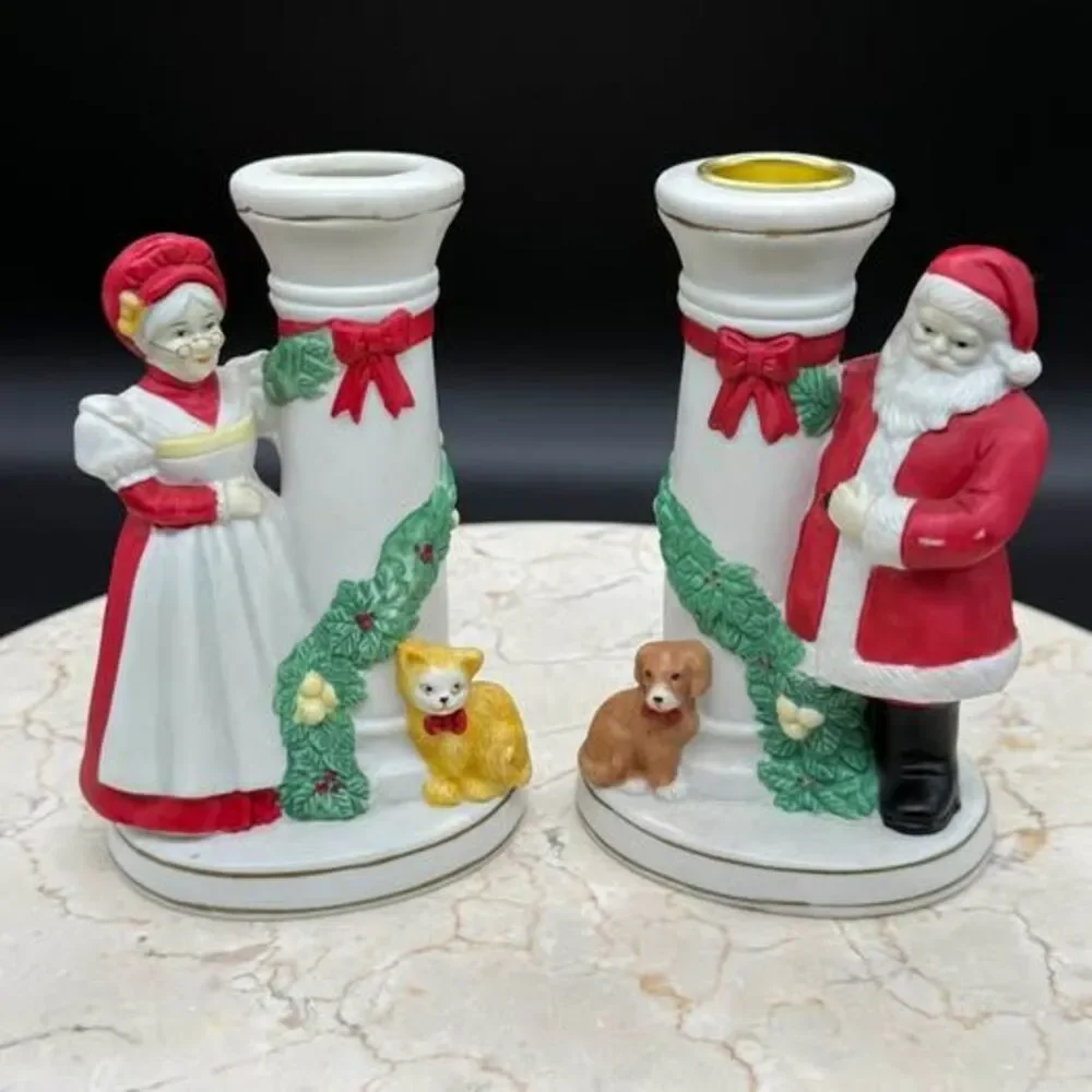 Vintage Hand-painted Santa and Mrs. Claus Christmas Candle Holders 4” Tall
